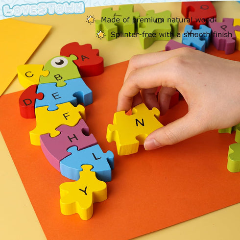 LovesTown Rooster Wooden Puzzle, 26PCS Jigsaw Puzzle Alphabet and Number Puzzles Wooden Building Blocks for Kid Toddlers Preschool...