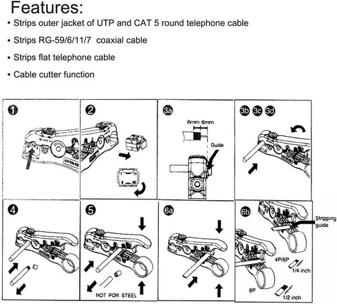Universal Cable Stripper Cutter for Flat or Round UTP Cat5 Cat6 Wire Coax Coaxial Stripping Tool...