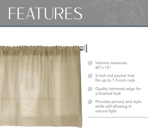Elrene Home Fashions Cameron Linen Window Valance, 60" W x 15" L (1 Valance), Linen...
