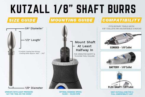 Kutzall Original Flame Rotary Burr, 1?8" Shaft, Coarse - Woodworking Attachment for Dremel, Foredom, DeWalt, Milwaukee. Abrasive Tungsten Carbide,...