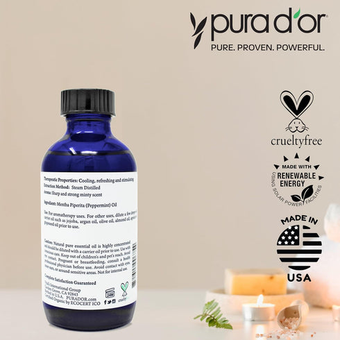 PURA D'OR ORGANIC Peppermint Essential Oil (4oz with Glass Dropper) 100% Pure & Natural Therapeutic Grade - Hair, Body, Skin, Aromatherapy Diffuse...