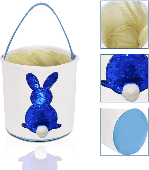 Poptrend Easter Basket Bags,Easter Eggs/Gift Baskets for Kids,Bunny Tote Bag Bucket for Easter Eggs,Toys, Candy,Gifts (Blue paillette)...