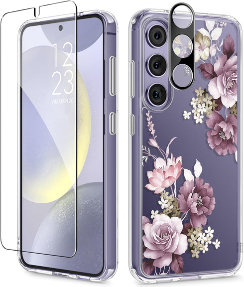GVIEWIN for Samsung Galaxy S24 Case Floral, with Screen Protector & Camera Lens Protector, Hard PC&TPU Bumper Clear Shockproof Protective Women Ph...