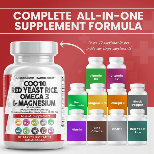COQ10 200mg Red Yeast Rice 3000mg Omega 3 3000mg Magnesium Complex 500mg Niacin Zinc Vitamin K2 D3 - Heart Health Support Vitamins for Women and M...