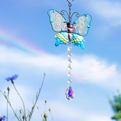 Set 2 Metal Butterfly Suncatchers for Windows - 14" Outdoor Fence Wall Art Decor, Rainbow Prisms Sun Catchers with Crystals Hanging for Home Garde...