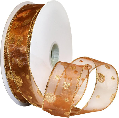 Morex Ribbon Wired Nylon Glitter Dots Ribbon, 1-1/2" x 50 yd, Bronze/Gold...