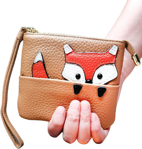 Fox Pattern Leather Coin Purse Keychain Change Pouch Wallet with Zippered(brown)...