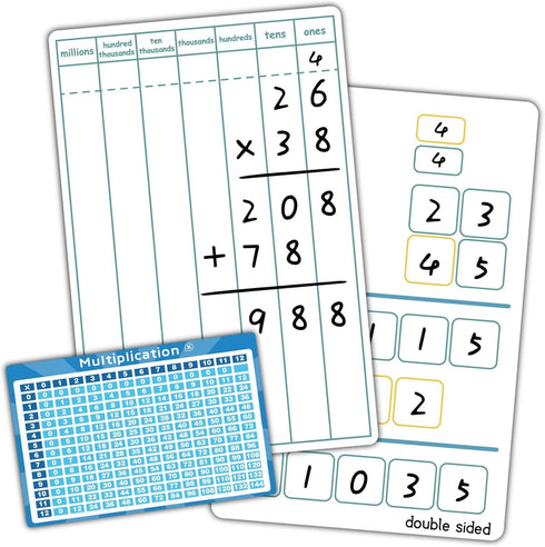 Dry Erase Long Multiplication Practice White Board, 8" x 12" Double Sided 2-digits Multiplication Board with a 4" x 2.5" Multiplication Chart Boar...