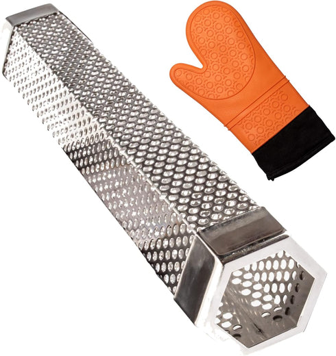 Pellet Smoker Tube & Heat Resistant BBQ Glove | 12 Inch Smoker Box Tube For All Electric, Gas, Charcoal Grills & Smokers | Suitable For Hot & Cold...