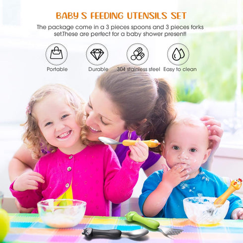 6 Pieces Toddler Utensils Baby Spoon Fork Set Toddler Flatware Set with Travel Case Baby Feeding Training Spoons Forks with Cute Cartoon Handle St...