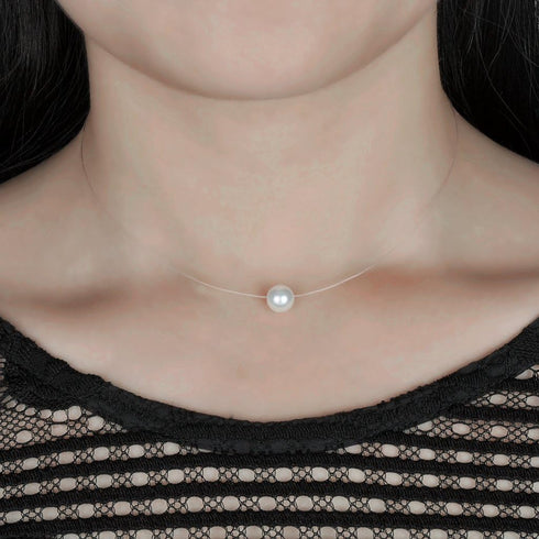 Simple 925 Sterling Silver One Simulated Pearl Pendant Invisible Fishing Line Choker Necklace for Women...