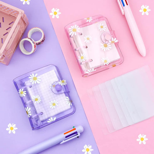 2 Sets Mini Transparent 3 Ring Binder Covers with Daisy Pattern Binder Inner Paper and Pockets Clear Soft PVC Notebook Loose Leaf Binder with Snap...