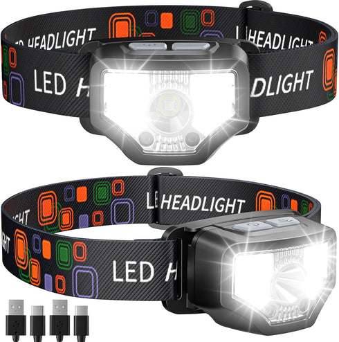 Headlamp Rechargeable 2PCS, 1200 Lumen Super Bright LED Flashlight with Motion Sensor for Adults and Kids- Camping Accessories Gear, Waterproof fo...