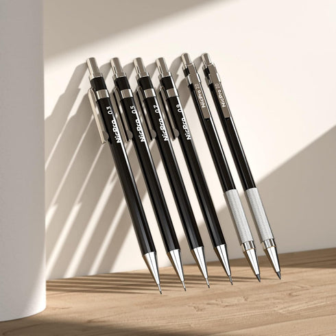 Nicpro 6 PCS Art Mechanical Pencil Set, Black Metal Drafting Pencil 0.3, 0.5, 0.7, 0.9 mm & 2PCS 2mm Graphite Lead Holder(4B 2B HB 2H) For Writing...