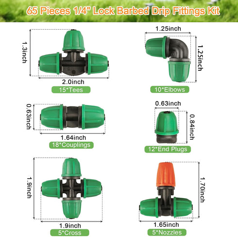 Drip Irrigation Fittings Kit for 1/4" Tubing, 65 Pcs Drip Line Lock Barbed Connectors for Drip Systems - 18 Couplings, 15 Tees, 12 End Caps,1 0 El...