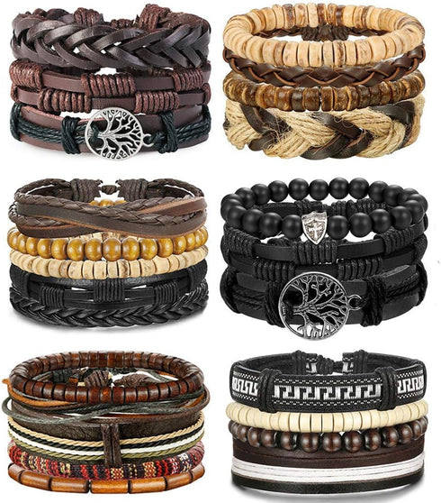 LOLIAS 24 PCS Leather Bracelet for Men Cool Wrist Cuff Bracelets, Adjustable Beaded, Handmade Vintage Style, Chunky Fashionable Design, Stackable ...