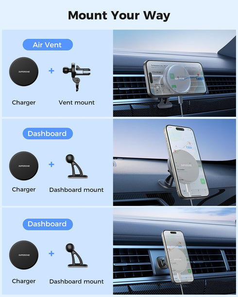 SUPERONE for MagSafe Car Mount Charger, Magnetic Wireless Car Charger Phone Holder 15W Fast Charging Car Holder Vent Mount only for iPhone 15 Pro ...