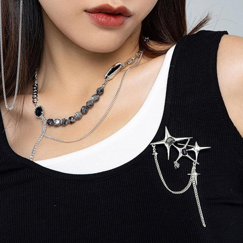 Punk Silver Star Moon Tassel Chain Brooch Collar Pins,Vintage Safety Cubic Zirconia Crystal Chain Tassel Brooch,Brooch Pins Shawl Clips for Women ...