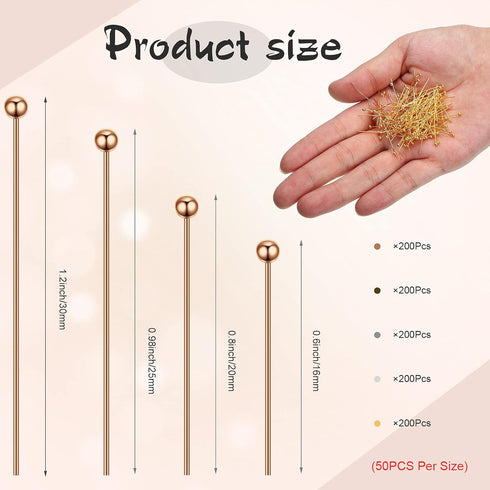 1000 Pieces Jewelry Making Silver Gold 16mm 20mm 25mm 30mm Ball Head Pins Needles Brass Long Craft Head Pins for Jewelry Making Bracelet Earring (...