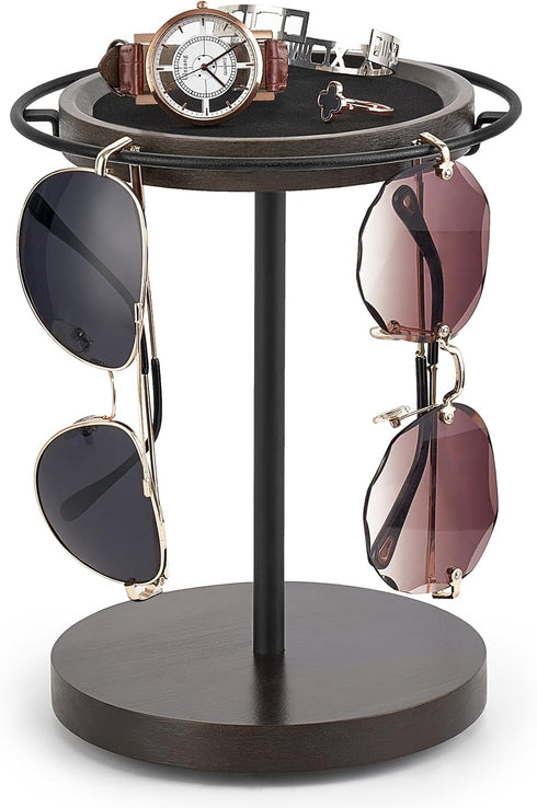 Mkono 360° Rotating Sunglasses Organizer Glasses Holder Stand Metal Frame with Wood Base and Tray Eyeglasses Storage Display Rack for up to 12 Pai...