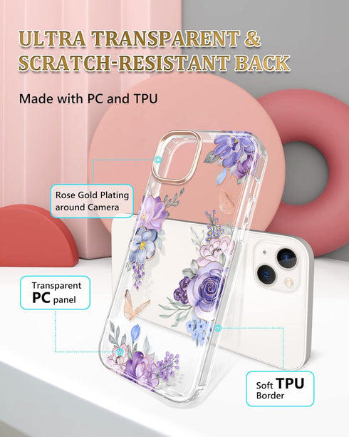 JIAXIUFEN Clear Case Compatible with iPhone 14 iPhone 13 Glitter Plating Flower Design Protective Shockproof Slim TPU Military Drop Protection Gir...