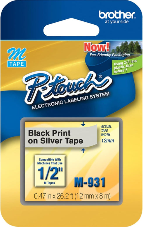 Brother Genuine P-touch M-931 Tape, 1/2" (0.47") Wide Standard Non-Laminated Tape, Black on Silver, Recommended for Home and Indoor Use, 0.47" x 2...