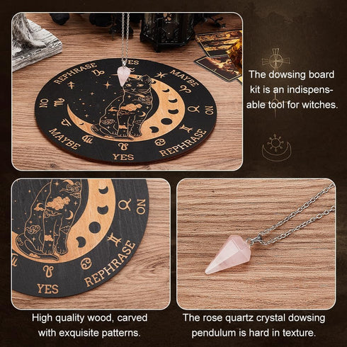 Wooden Pendulum Board 7.9" Cat Moon Witch Dowsing Divination Planchette Board Metaphysical Message Board with Healing Crystal Necklace Witchcraft ...