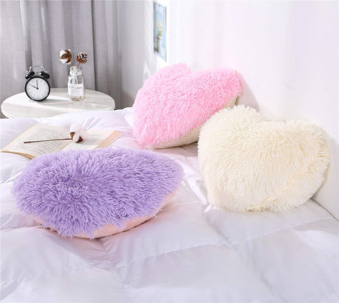 MOOWOO Fluffy Heart Pillow, Shaggy Plush Faux Fur and Sherpa, Cute Soft Throw Cushion, Valentines Day Decorative for Home Bed Couch Gift for Thank...