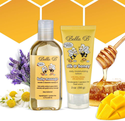 Bella B Bundle Baby Massage Oil 3.3 oz & Silk & Honey Baby Lotion 2 oz - Baby Oil Organic - Organic Baby Oil - Natural Baby Lotion - Organic Baby ...