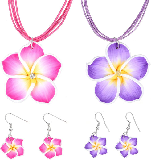 PRETYZOOM Hawaiian Leis 2 Sets Hawaii Theme Jewelry Set Simulation Clay Plumeria Flower Pendant Necklace Earrings Set Summer Beach Party Costume A...
