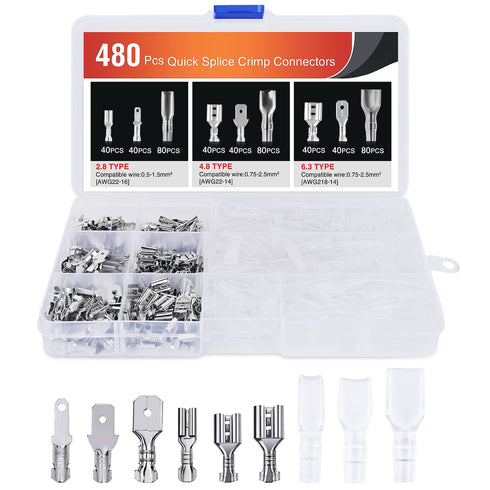 Nilight 480PCS Insulated Male Female Spade Terminals Quick Splice Assortment Tin Plated Open Barrel Copper Crimp Wire Connectors for 22-14 ga Elec...
