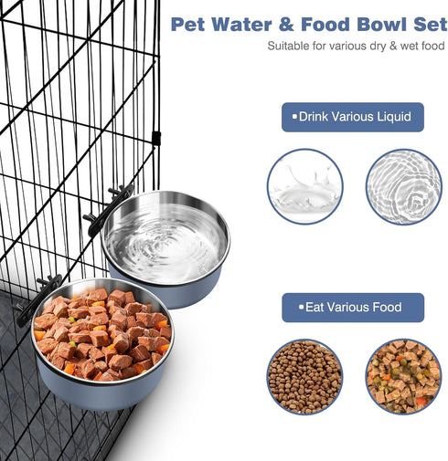 Dog Kennel Bowls for Crates, Hanging Dog Crate Water Bowls No Spill, 2 Pack Kennel Food Water Bowl Mountable Cage Accessories, Stainless Steel Pet...