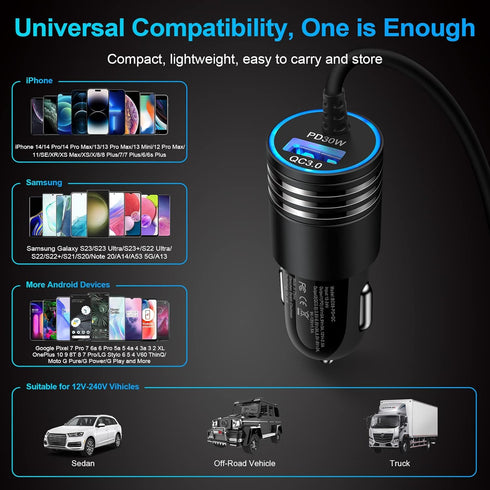 48W Super Fast Samsung Car Charger USB C Rapid Android Car Adapter with 30W Built-in Type C Fast Charging Cable for Samsung Galaxy S24 S23 Ultra S...