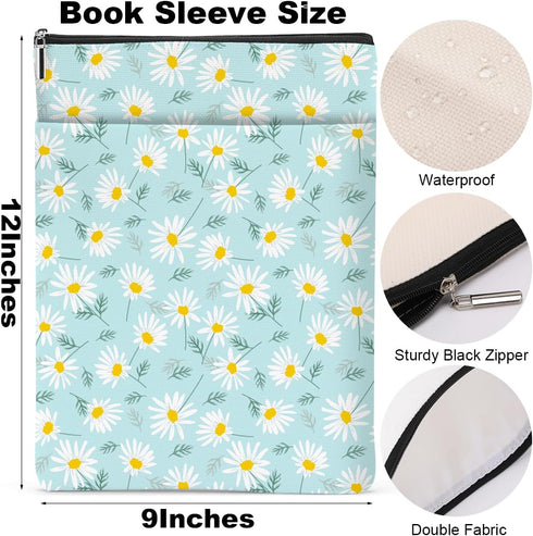 Daisy Pattern Book Lovers Gifts Waterproof Book Sleeve Book Pouch Book Protector with Zipper and Front Pocket BookCover Case for Women Girl Reader...