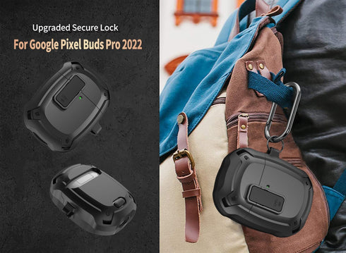 Olytop for Google Pixel Buds Pro Case 2022 with Lock Clip & Cleaner Pen, Rugged Armor Shockproof Protective Hard Cover Skin with Carabiner Men Wom...