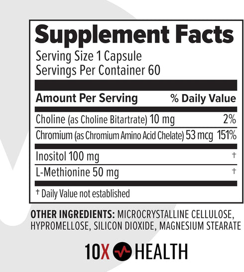 10X Health MIC Chromium Supplement with Choline, Inositol & L Methionine - 60 Capsules...