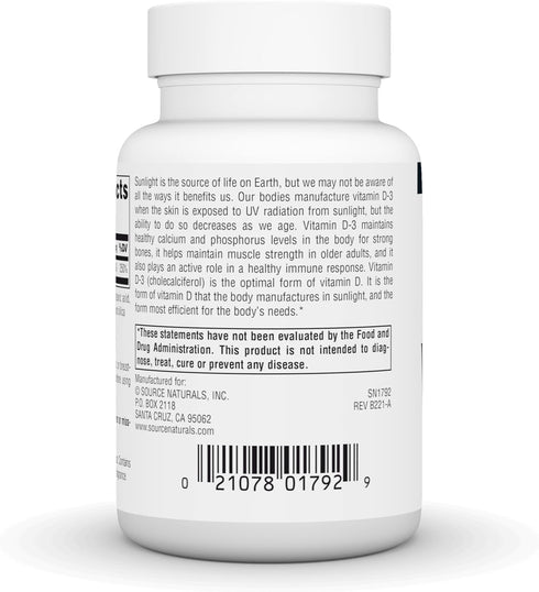 Source Naturals Vitamin D-3 Supports Bioactve Form for Bone & Immune Health 1000 iu (25 mcg) -200 Tablets...