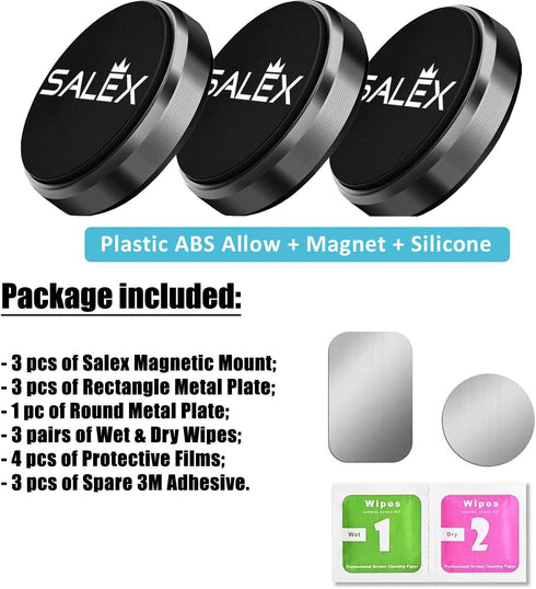 Magnetic Phone Mounts 3 Pack with 3M Adhesive. Black Flat Cell Phone Holder for Car Dashboard, Truck, Wall, Mirror, Table. Universal Low Profile S...