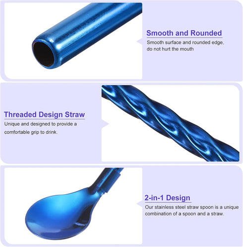 uxcell Stainless Steel Spoon Straws, 4Pcs 8.6" Reusable Metal Long Handle Drinking Straws Spoon for Milkshake Drinks Cocktail, Blue...