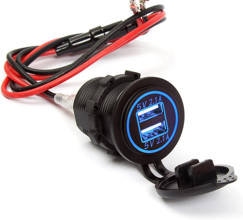 Ginsco Dual USB Charger Socket Power Outlet 2.1A & 2.1A?4.2A? for Car Boat Marine RV Mobile with Wire Fuse DIY Kit Blue LED......