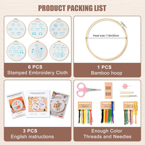 6 Sets Embroidery Kit for Beginners Embroidery Kit for Adults &Kids to Learn 28 Basic Embroidery Stitch Practice Kit,includes Stamped Flower Patte...