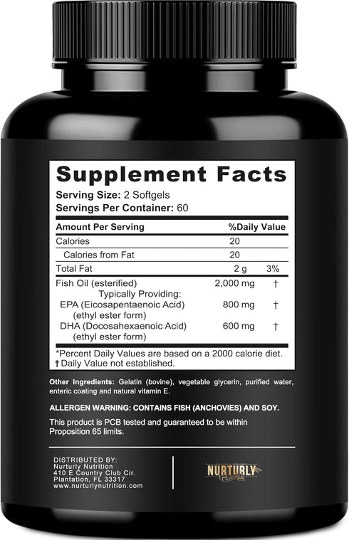 Omega 3 Fish Oil 2000mg, 800mg EPA and 600mg DHA - Enteric Coated and Burpless - Supports Joint, Brain, and Heart - Burpless, Non-GMO, 3rd Party L...