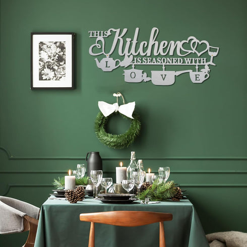 Metal Kitchen Wall Decor, This Kitchen is Seasoned with Love Word Name Sign Hanging Wall Art Hanging Sculptures, Silvery Rustic Iron Letters Quote...