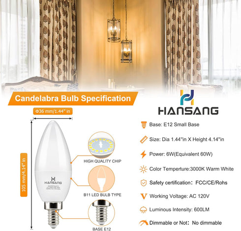 hansang E12 LED Candelabra Bulbs 3000K Soft White 6W 60Watt Equivalent, B11 Ceiling Fan Light Bulbs Small Base, C37 Type B Light Bulb for Chandeli...