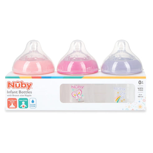 Nuby 3-Pack Infant Feeding Bottles with Slow Flow Breast Size Silicone Nipple: 0+ Months, 6oz, 3 Pack Set: Delicate Star, Rainbow, Butterfly Print...