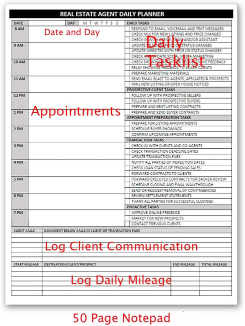 Real Estate Agent Supplies - Daily Planner Task List Notepad. Simple one page document with calendar, task lists, call and mileage log. Keep organ...