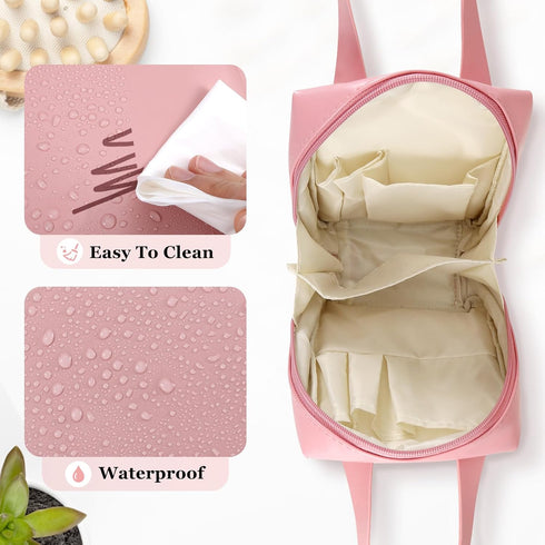 Makeup Bag, Waterproof Portable PU Leather Travel Toiletry Bag, Beauty Cosmetic Travel Bag for Women, Wide-open Handbag with Dividers, Makeup Bag ...