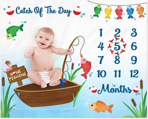 Gone Fishing Baby Monthly Milestone Blanket Little Fisherman Bobber Photo Prop Ideas for Newborn Boy & Girl Nursery Décor (40" X 50")...