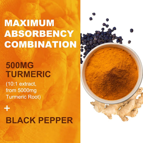 Turmeric Curcumin Gummies 500mg for Adults, with Black Pepper, Ginger Root, Vitamine C, Low Sugar Fruit Gummies, Orange Flavor - 120 Gummies...