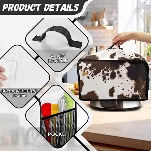 Brown Cow Print Slow Cooker Dust Cover with Side Mesh Pocket Dustproof Portable Slow Cooker Protcetor Compatible with 6, 7 or 8 Quart Crock Pots K...